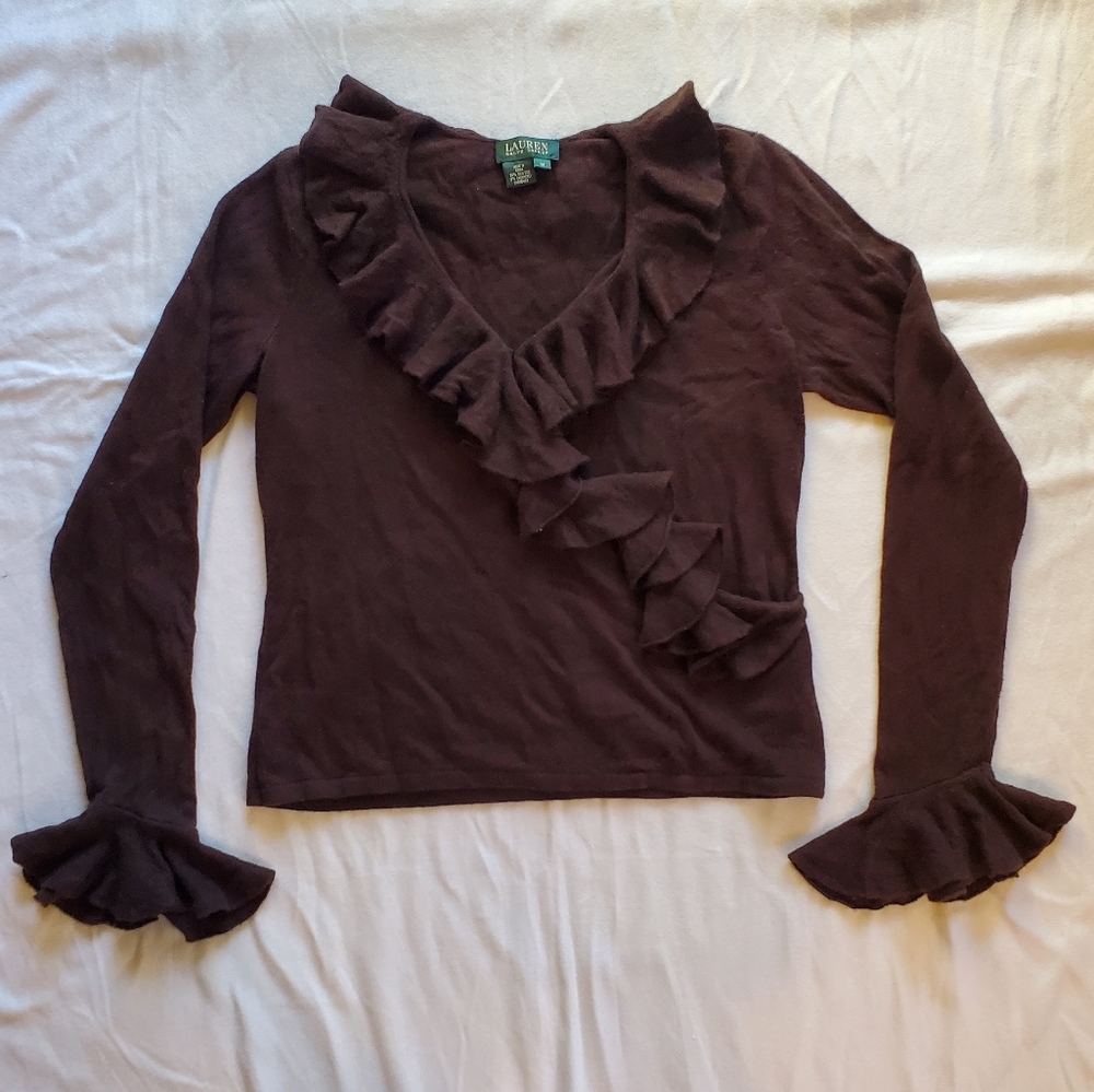 Lauren RL Brown Ruffled Silk/Cashmere Faux Wrap Sweater Size M